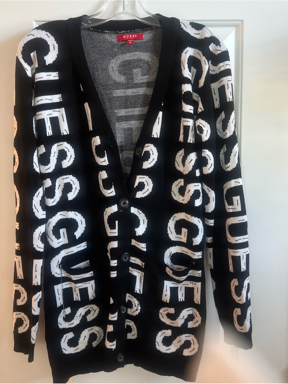 GUESS women’s  Black and White Logo Cardigan Sweater